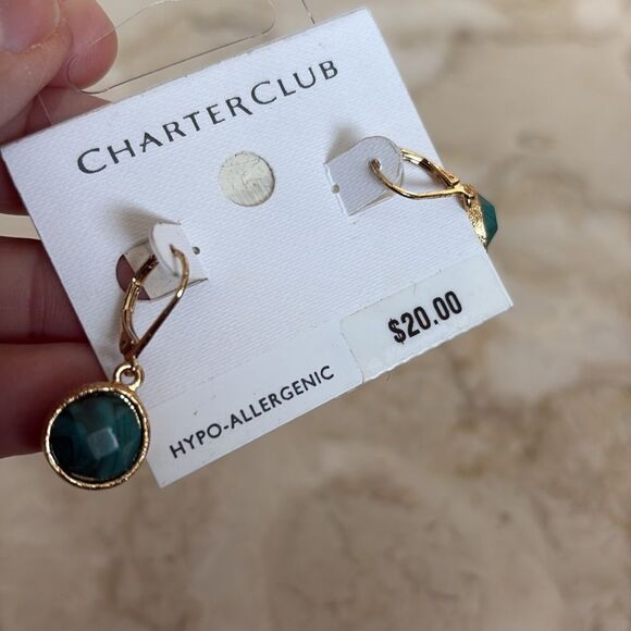 NWT Charter Club Gold Tone & Green Stone Drop Earrings - Picture 4 of 5